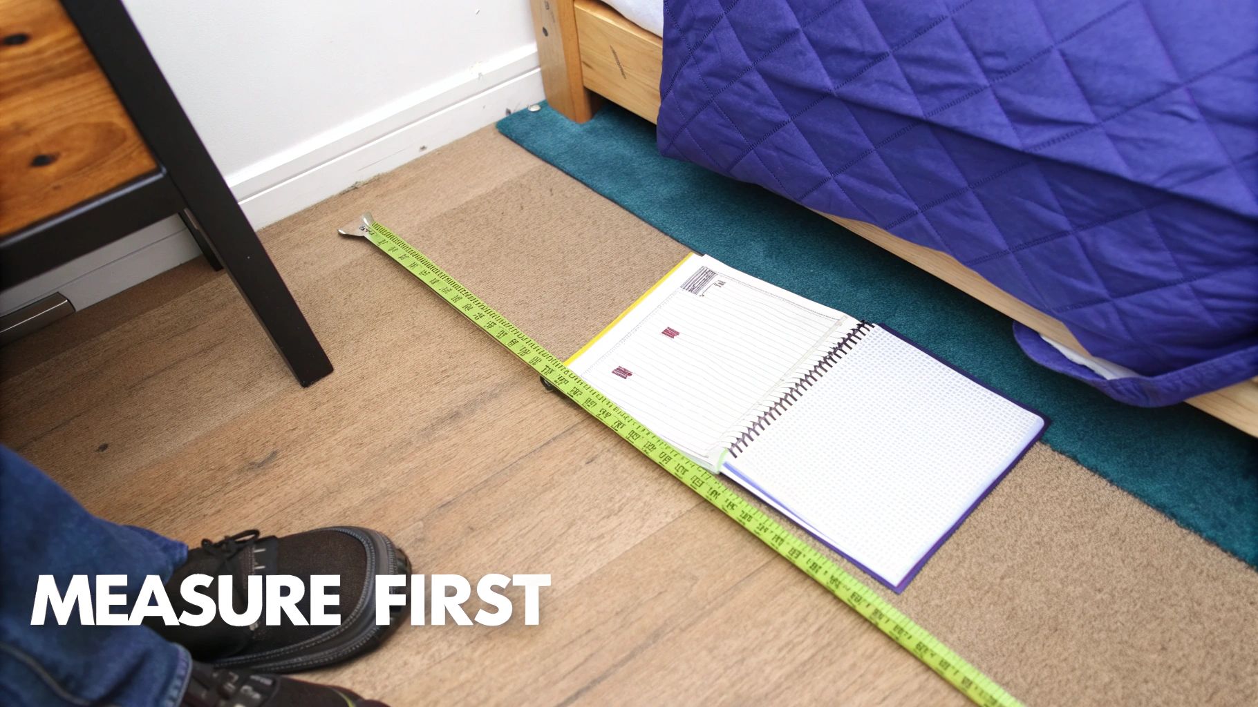 A person's foot is near a measuring tape and an open notebook on a wooden floor, next to a bed.