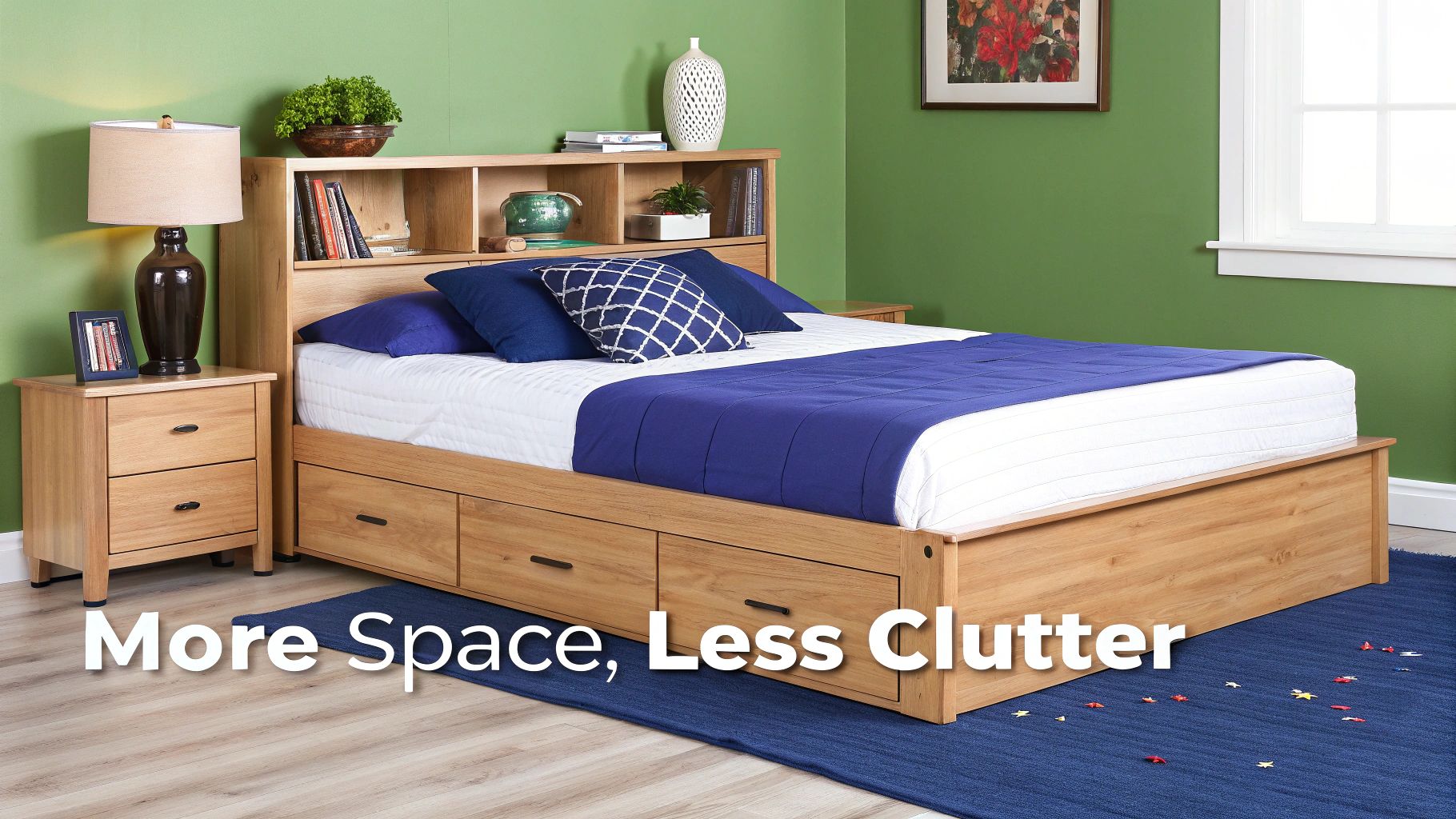 A light wood queen storage bed with a shelving headboard, nightstand, and blue bedding.