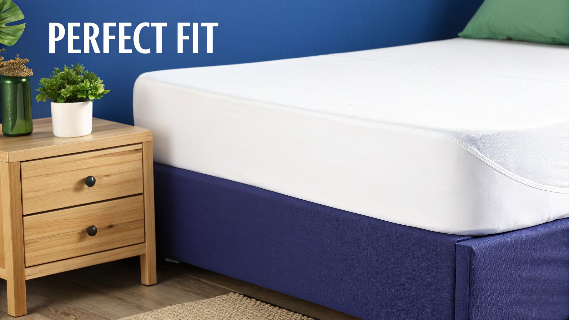 A white mattress protector perfectly fitted on a navy blue bed base in a modern bedroom.