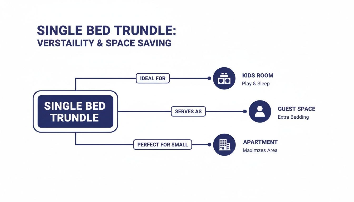 Flowchart detailing single bed trundle uses: ideal for kids' rooms, guest spaces, and small apartments.