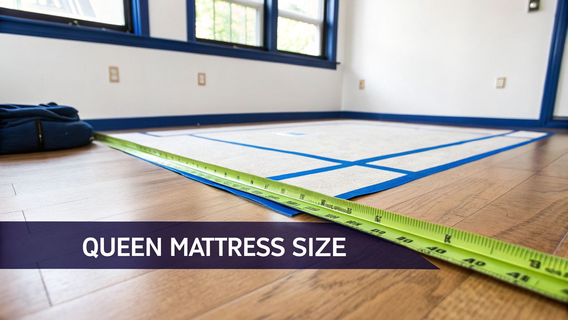 A room with wooden floors, blue trim, and a taped area showing a queen mattress size on the floor, with a measuring tape.