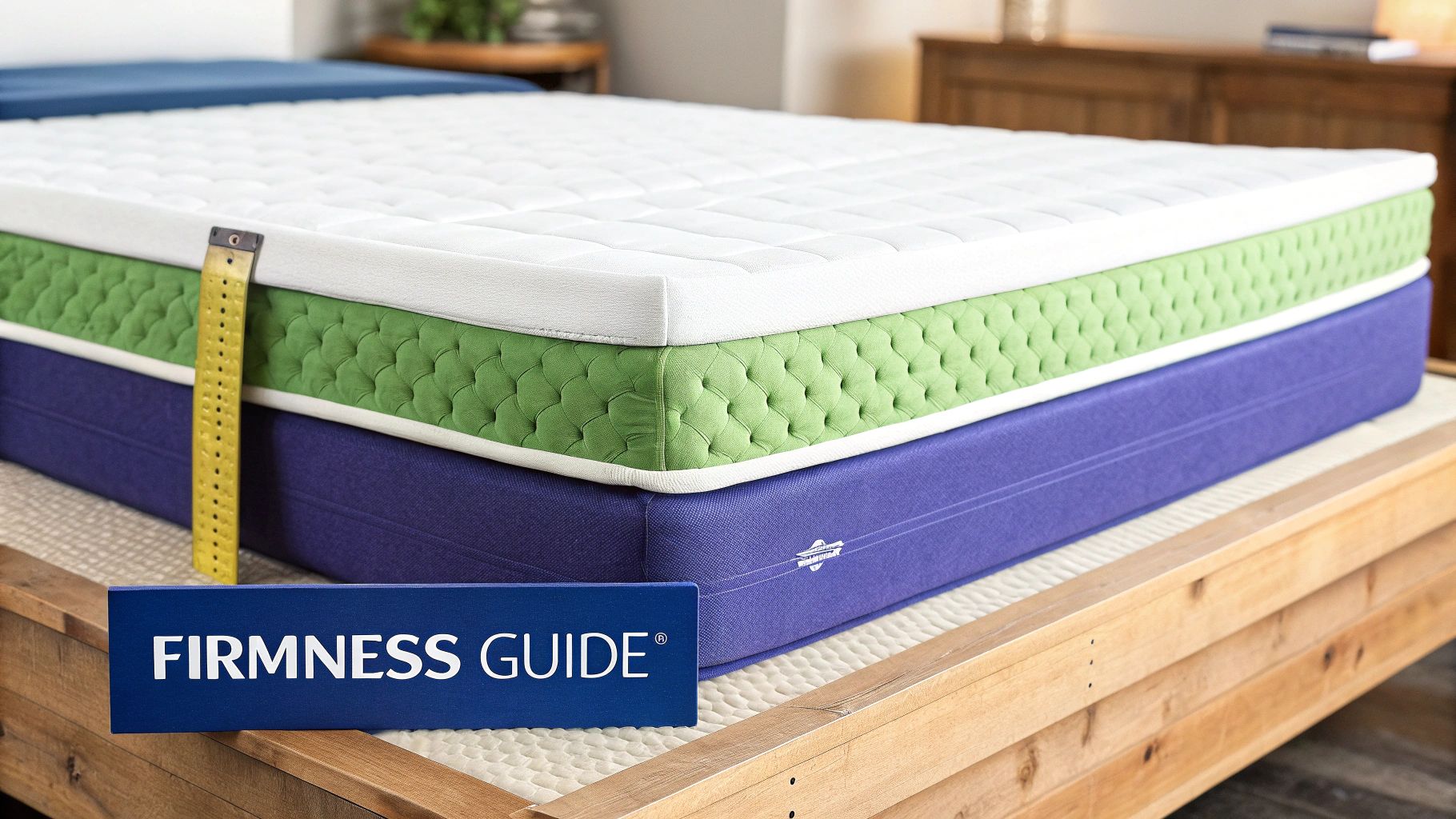 A multi-layered mattress in white, green, and purple, with a measuring tape and a 'Firmness Guide' sign.