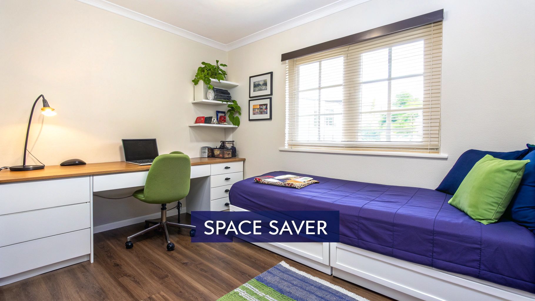 A compact bedroom featuring a desk with a laptop and a trundle bed with purple bedding.
