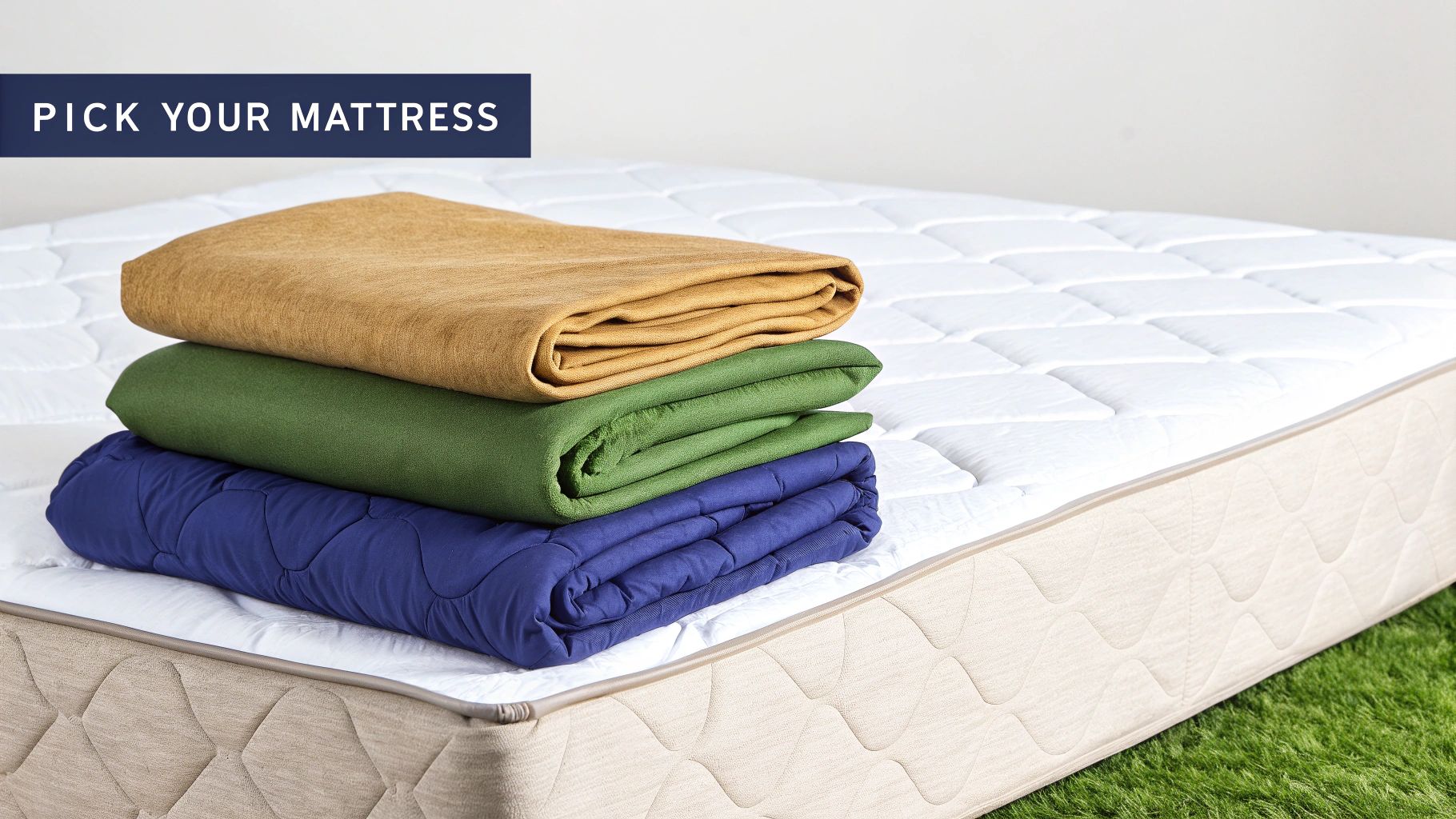 A white mattress with a stack of brown, green, and blue folded blankets and 'PICK YOUR MATTRESS' text.