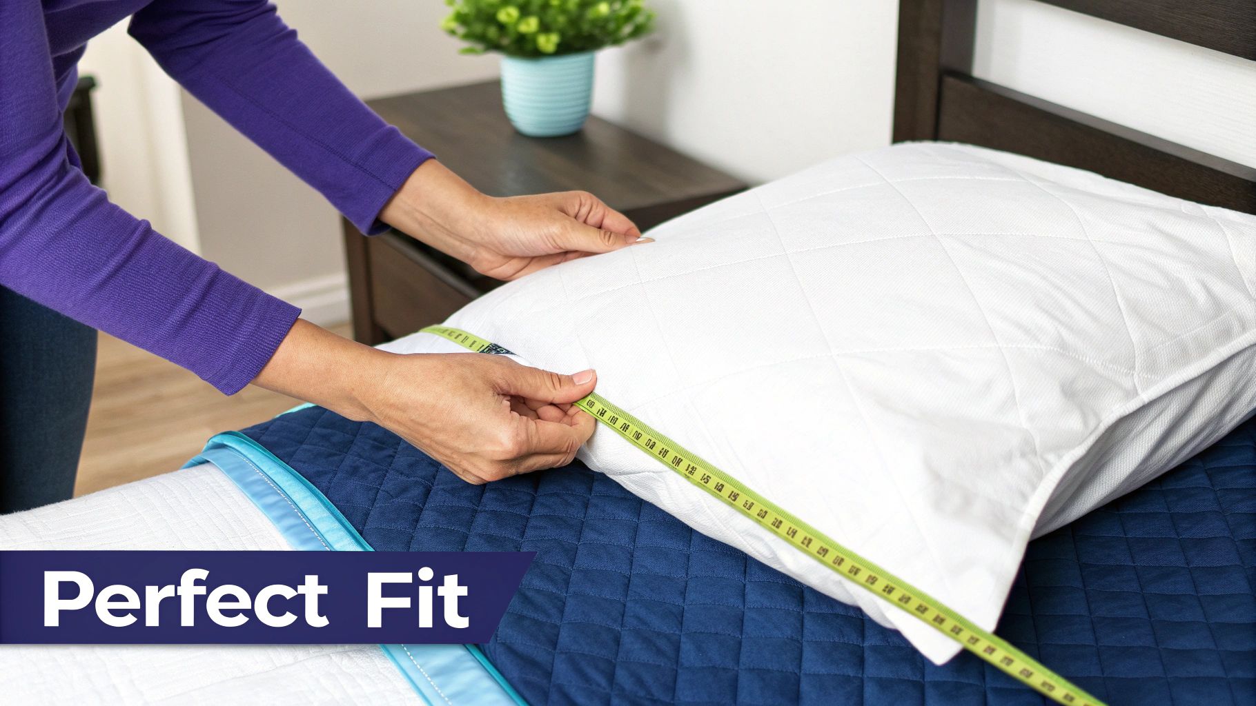 A person measuring a pillow with a measuring tape.