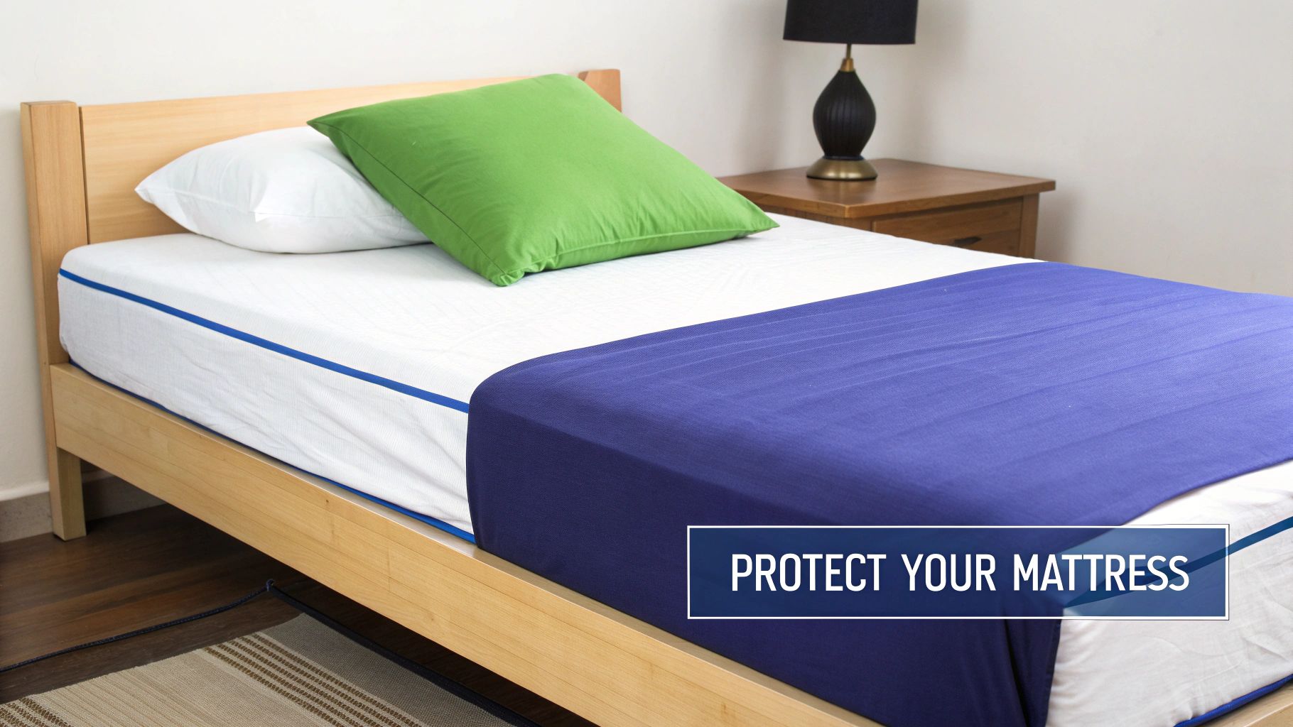 A modern bed with a wooden frame, a white fitted sheet, green pillow, and blue mattress protector.