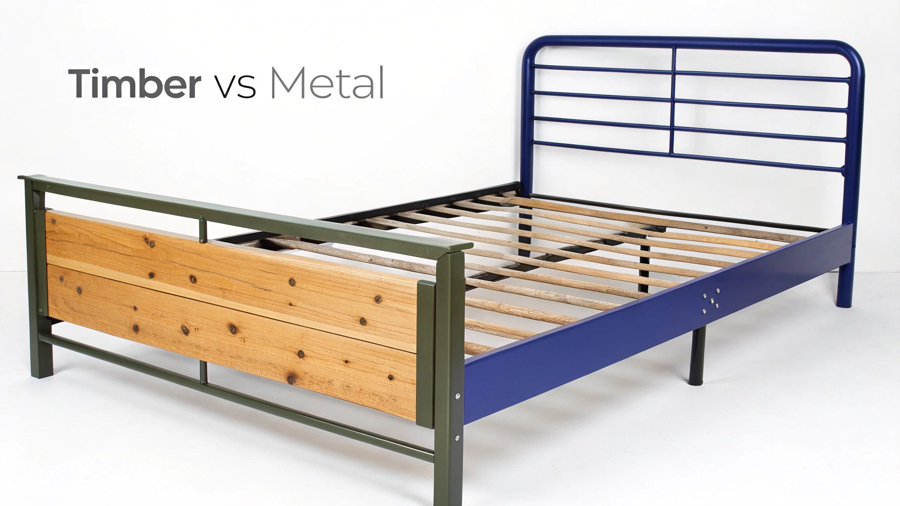 A bed frame showcasing a timber footboard in olive green and a metal headboard in royal blue.
