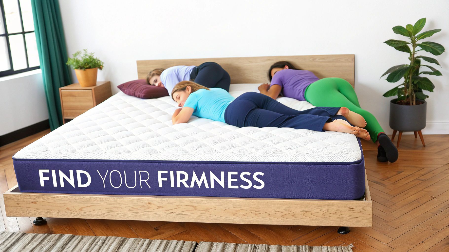 A person testing the firmness of a mattress in a store.