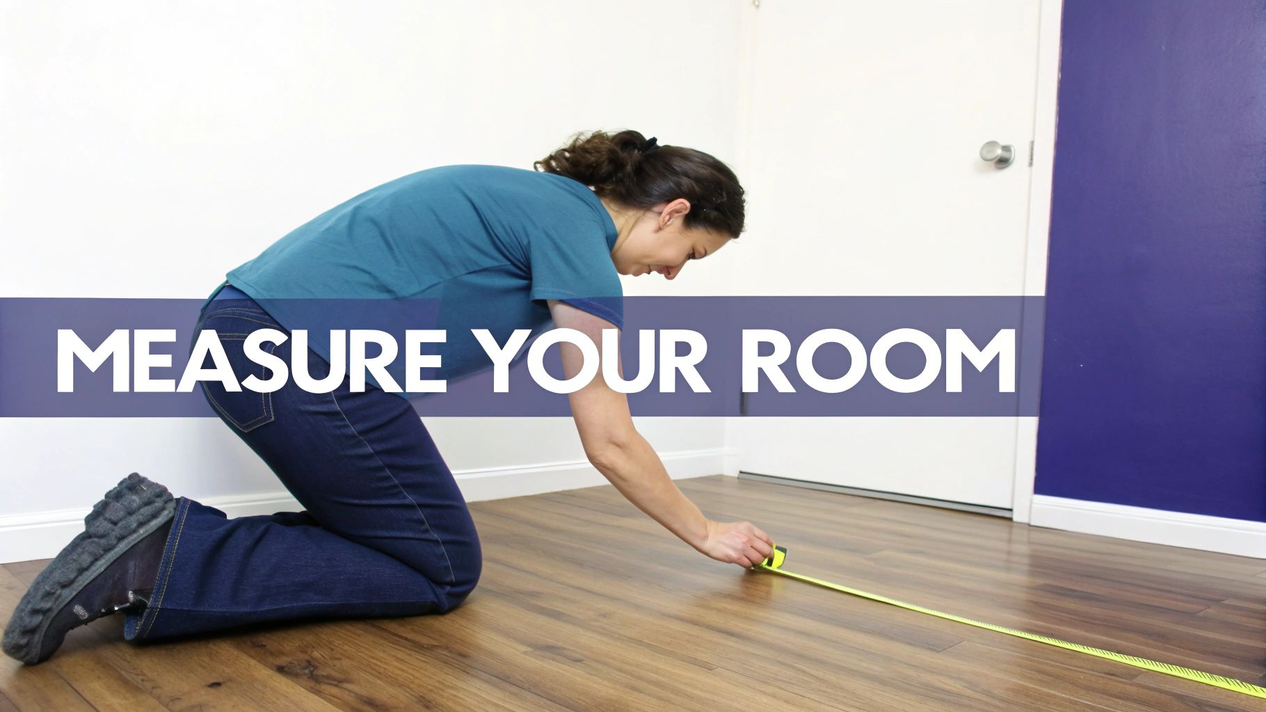 A woman kneels on a wooden floor, using a yellow tape measure to measure room dimensions.
