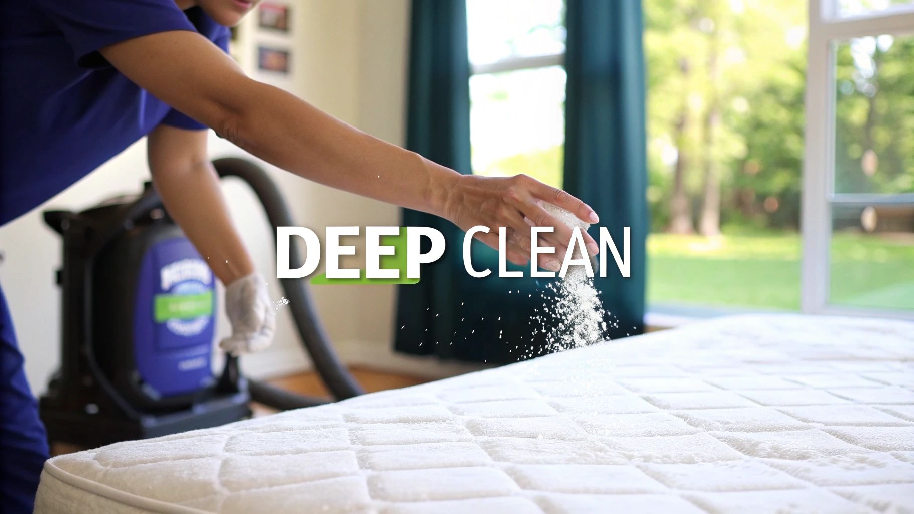 A professional cleaner in a blue uniform sprinkles white powder onto a mattress for a deep clean.