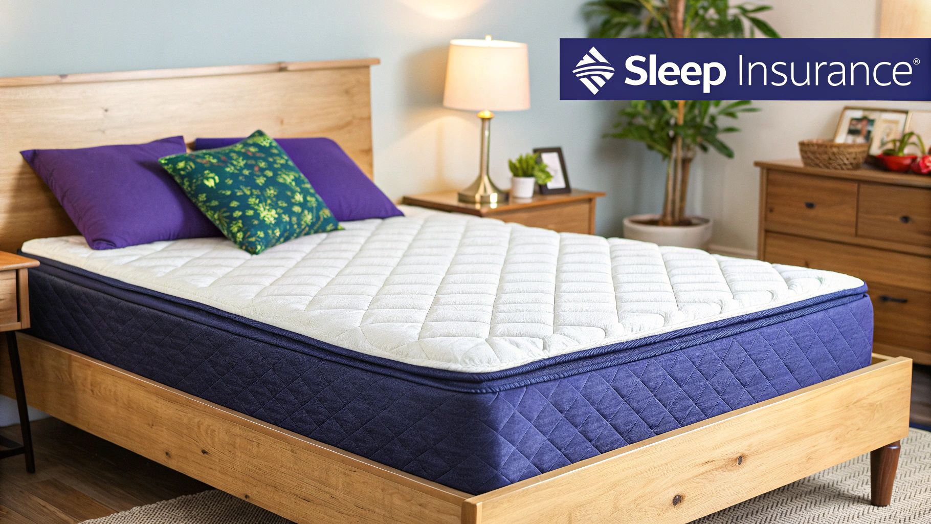 A person fitting a white super king mattress protector onto a large, comfortable bed in a well-lit bedroom.