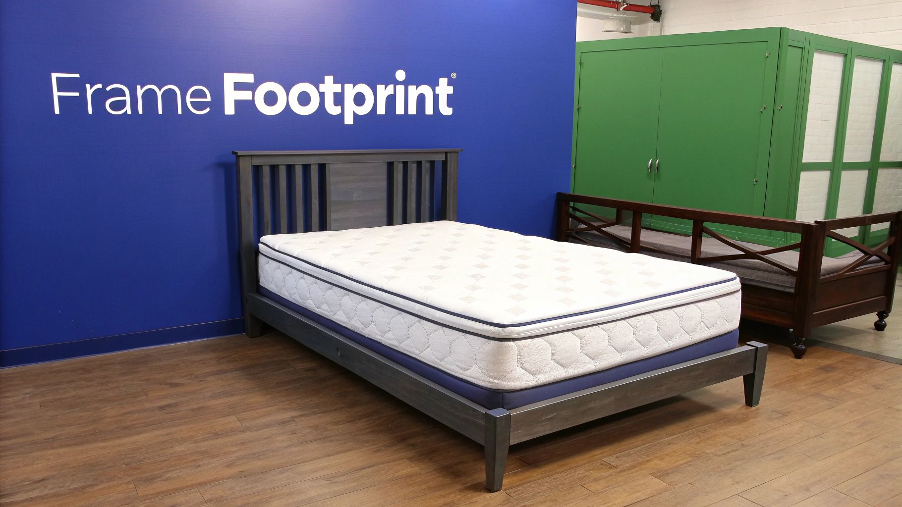 A close-up of a stylish wooden bed frame, highlighting its construction and design details.