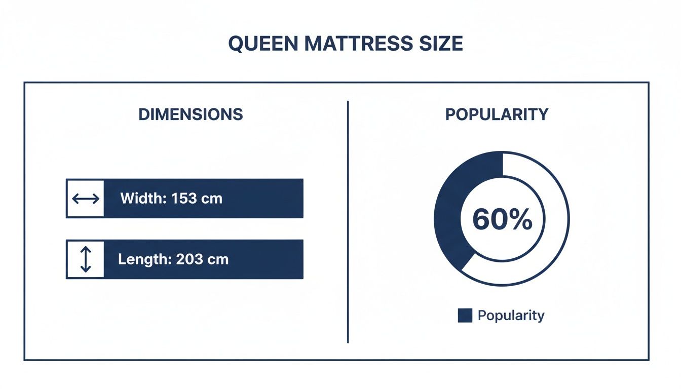 Queen mattress dimensions showing 153 cm width, 203 cm length, and 60% popularity.