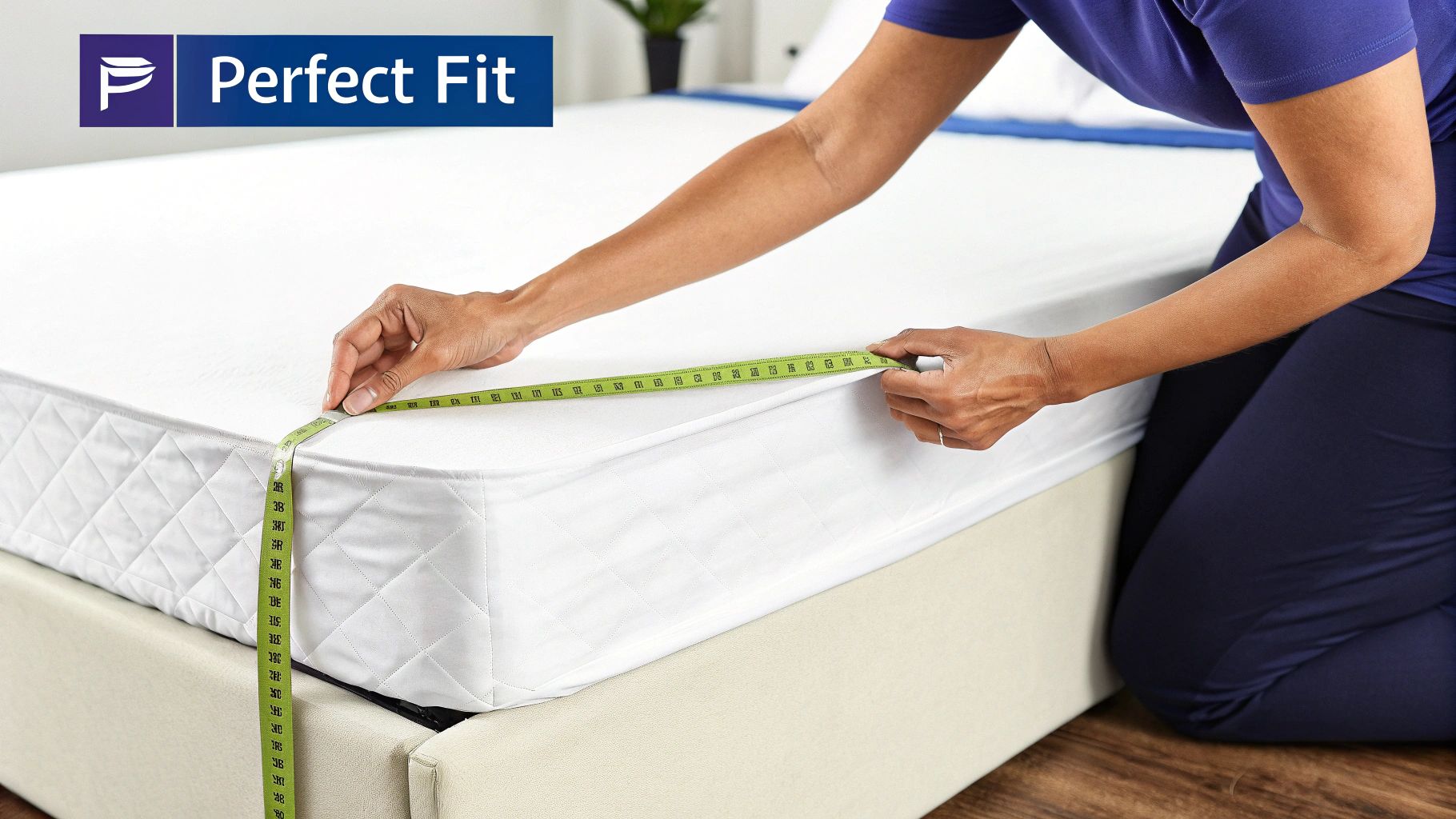 Person measures a white quilted mattress with a green tape measure, demonstrating perfect fit.