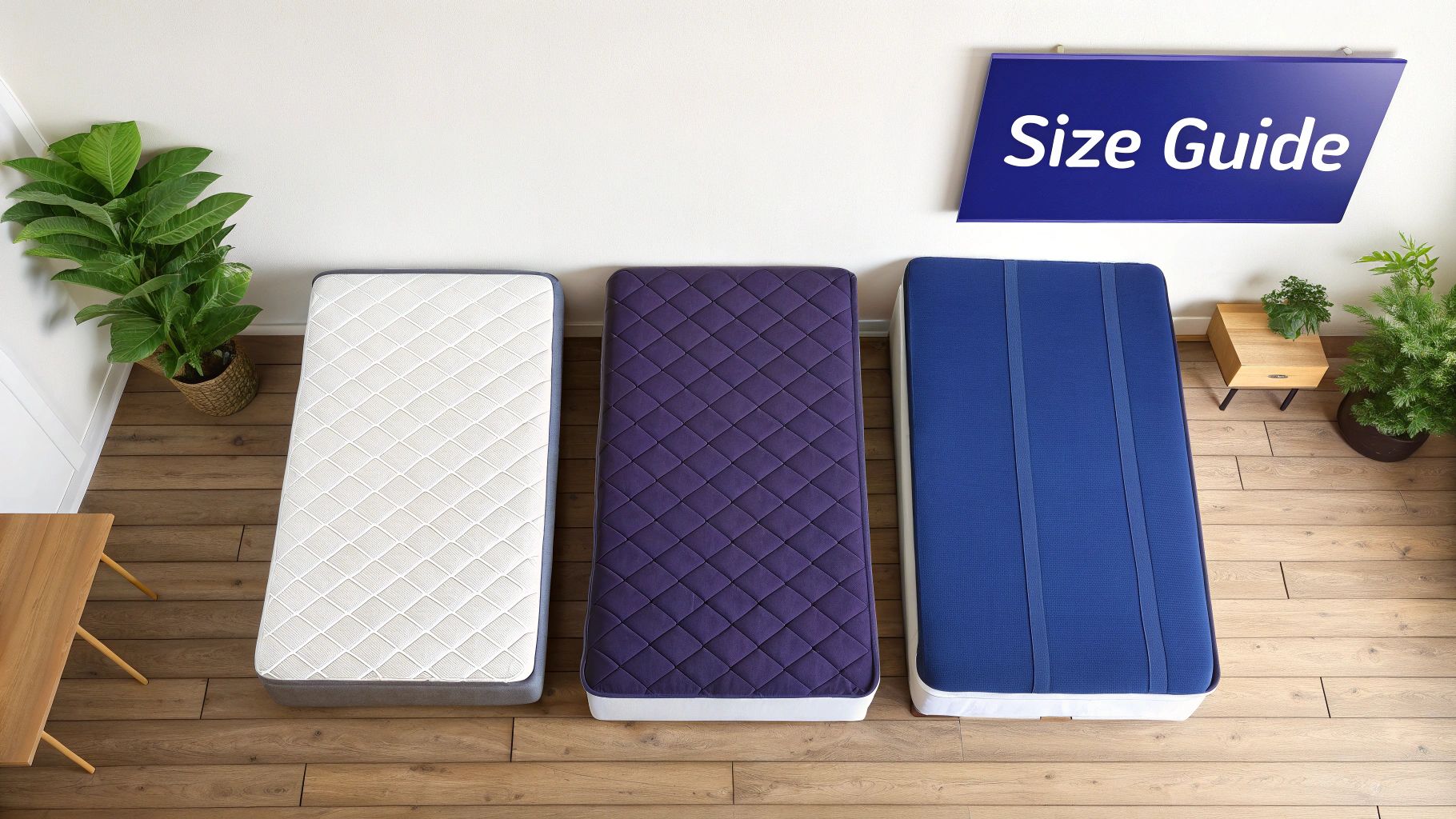 Three mattresses in different sizes and colors are arranged side-by-side on a wooden floor under a 'Size Guide' sign.