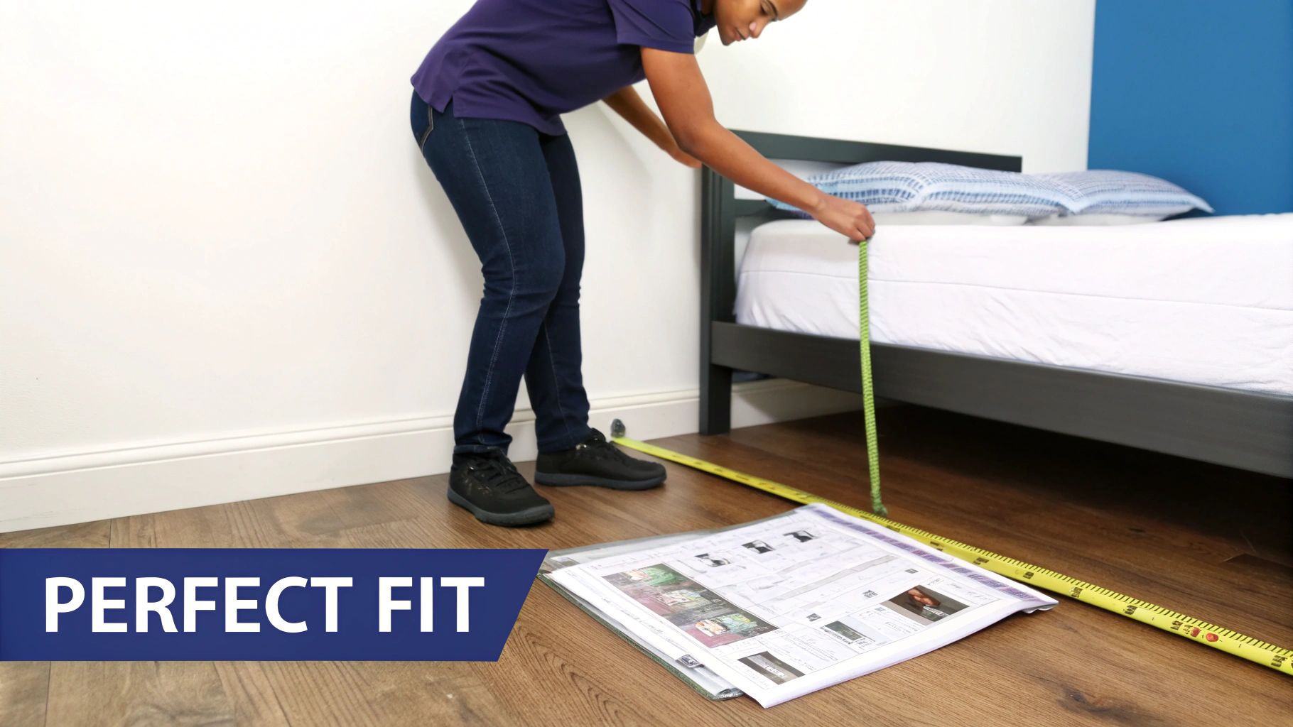 A tape measure on a wooden floor in a bedroom, ready for measuring.