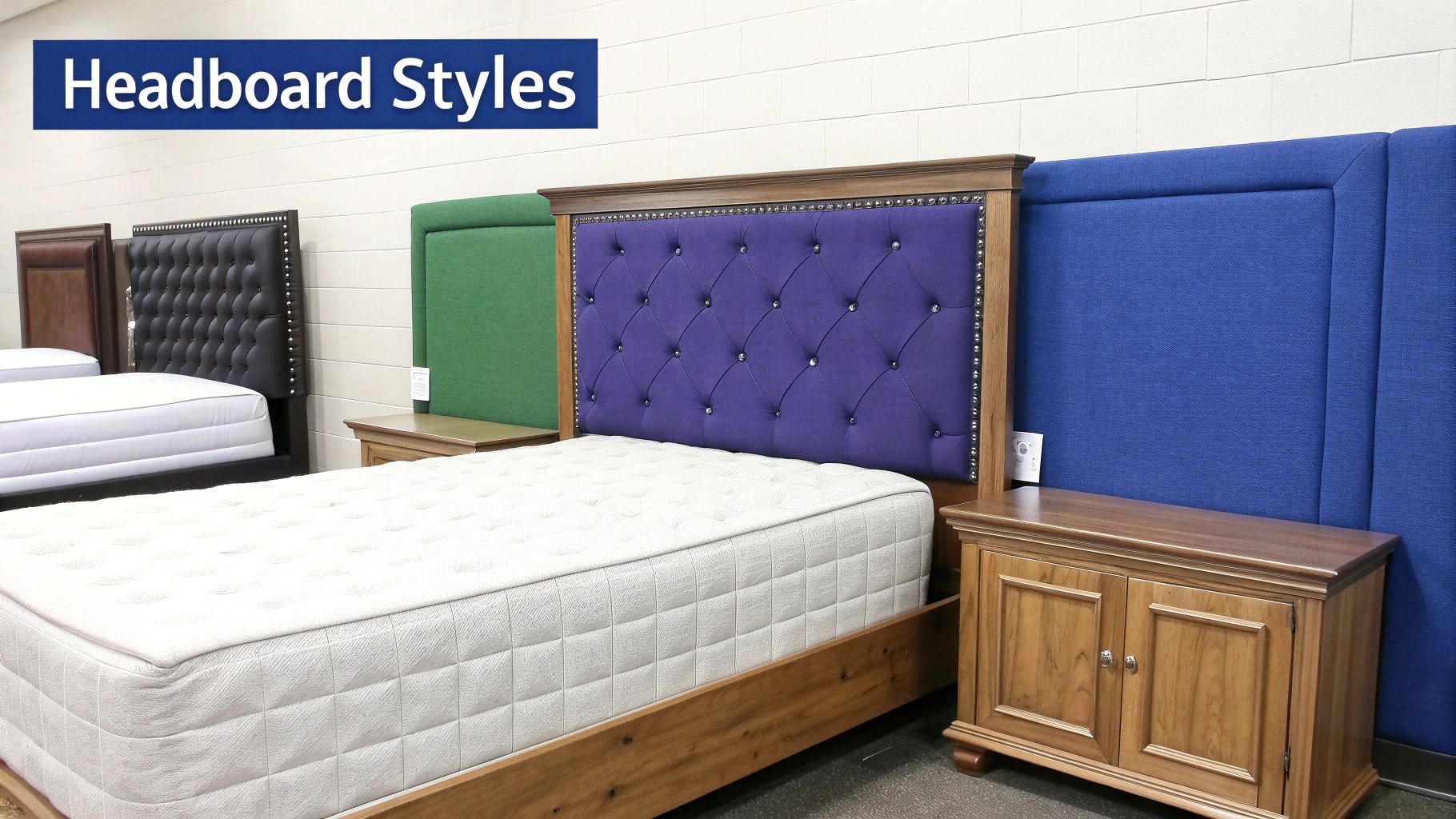 A showroom displaying various bed headboard styles: tufted purple, black, green, and blue upholstered designs.