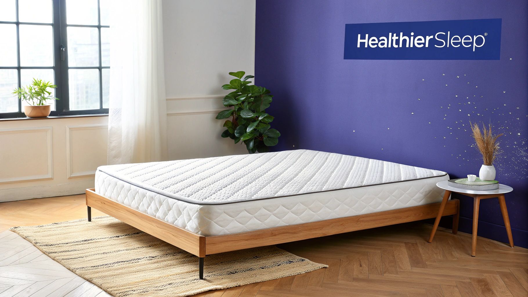 A modern bedroom features a white mattress on a light wooden bed frame, a window, a plant, and a side table.