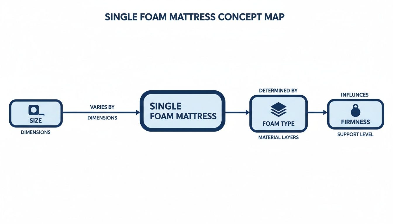 Concept map illustrating the relationships between size, foam type, and firmness of a single foam mattress.