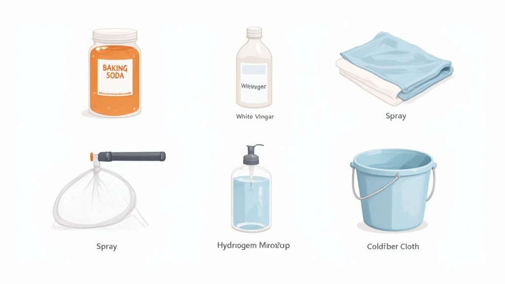 A collection of cleaning supplies including a spray bottle, cloths, and baking soda arranged neatly.