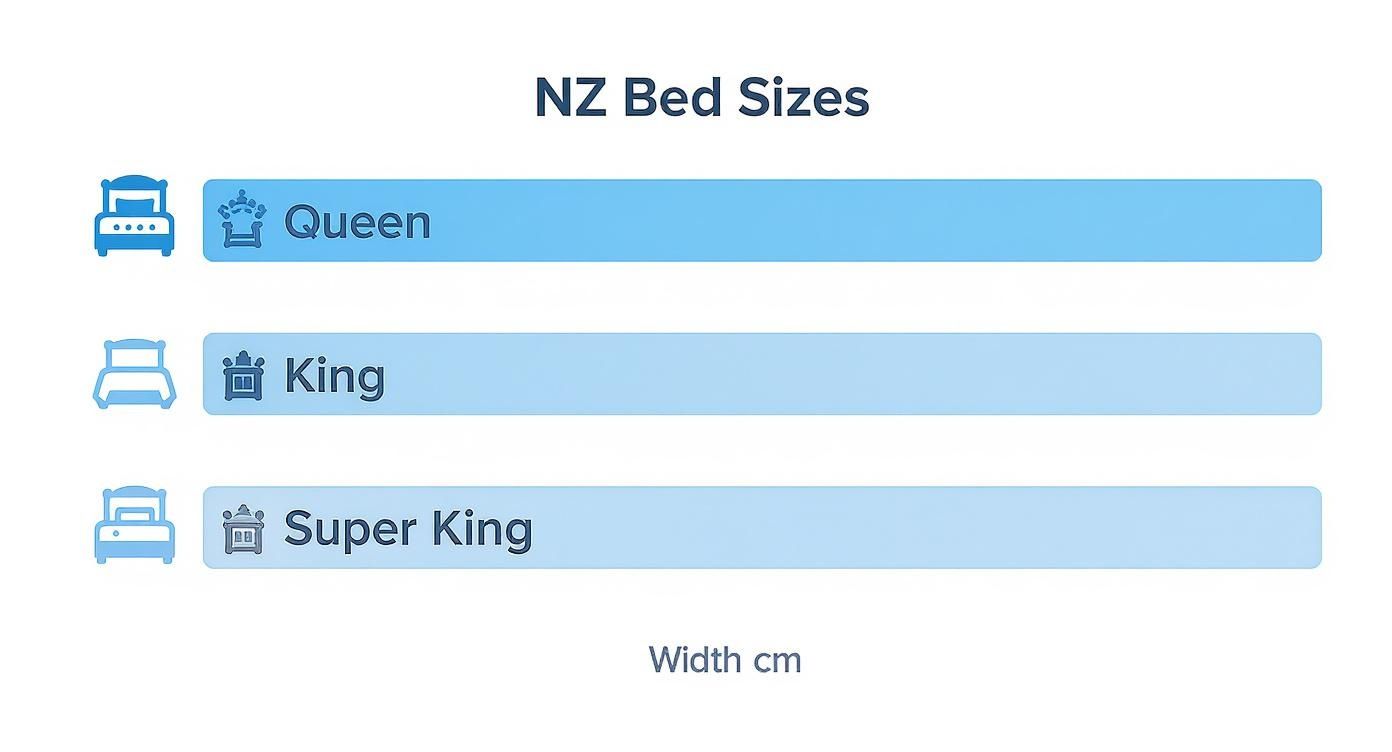 NZ Bed Sizes chart showing Queen, King, and Super King bed types with icons.