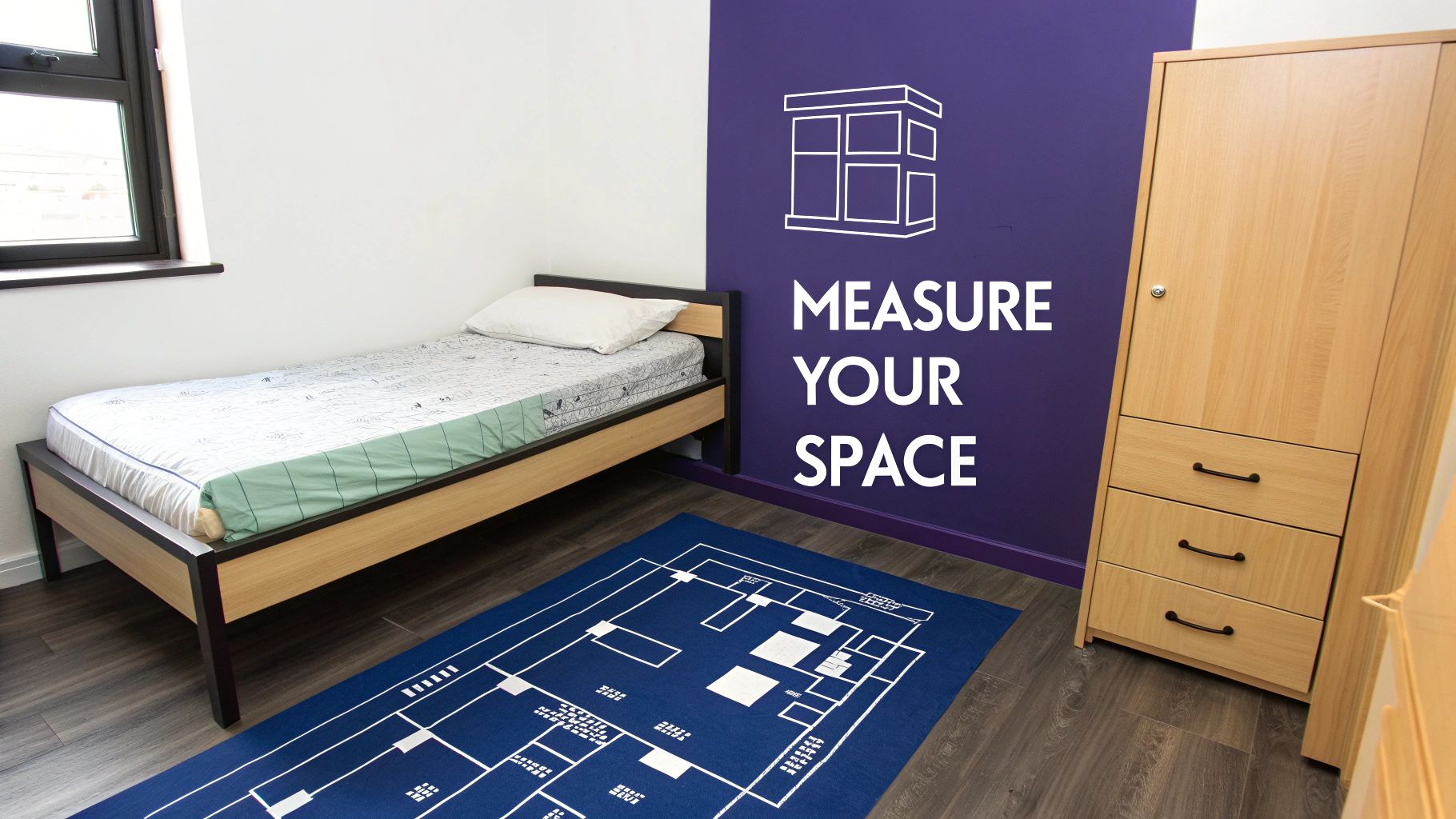 A compact student room with a single bed, wooden wardrobe, and a blue rug with a floor plan. A purple wall reads 'MEASURE YOUR SPACE'.