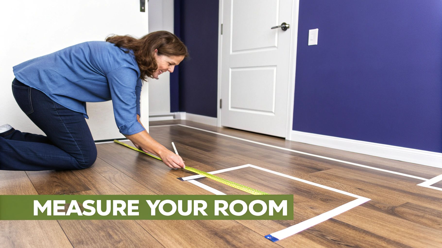 A woman kneels on a wooden floor, measuring a room with tape and a pen, outlining space with white tape.