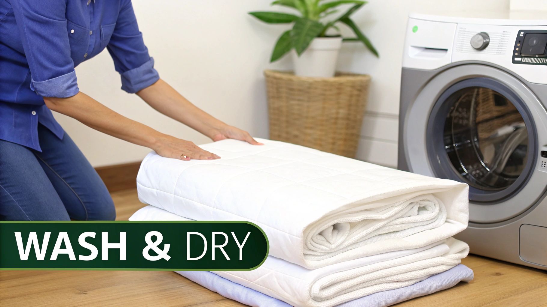 Person folding a white quilted mattress protector next to a washing machine, with 'WASH & DRY' text.