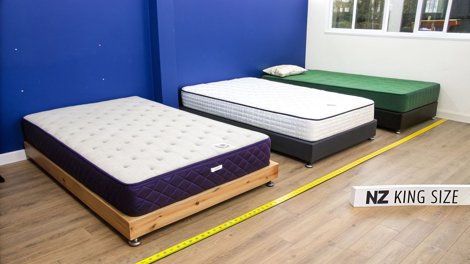 Three mattresses, including a purple and white king size on a wooden base, displayed in a showroom with measuring tape.