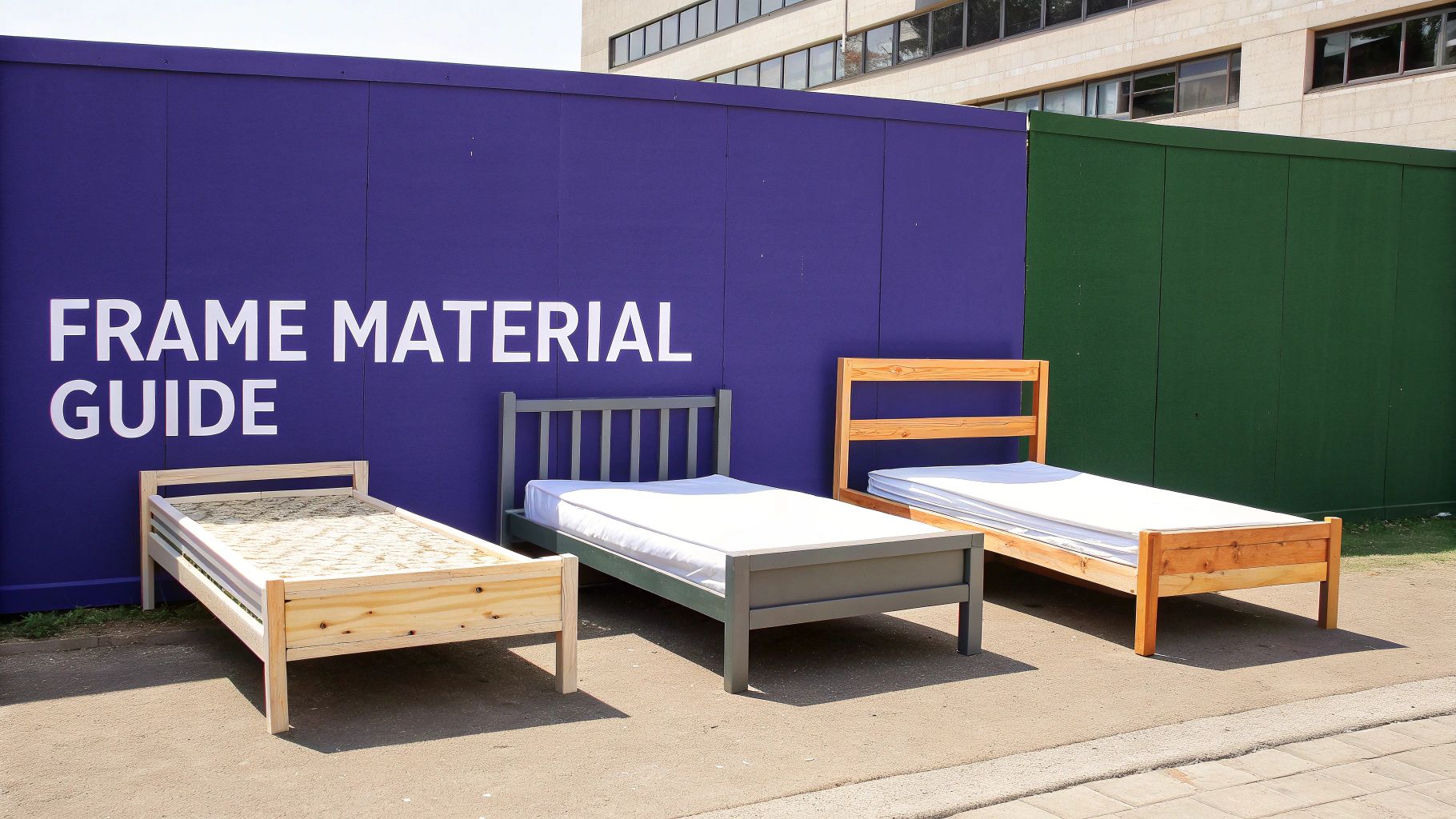 Three single beds displaying different frame materials outside against a purple wall with a 'FRAME MATERIAL GUIDE' sign.