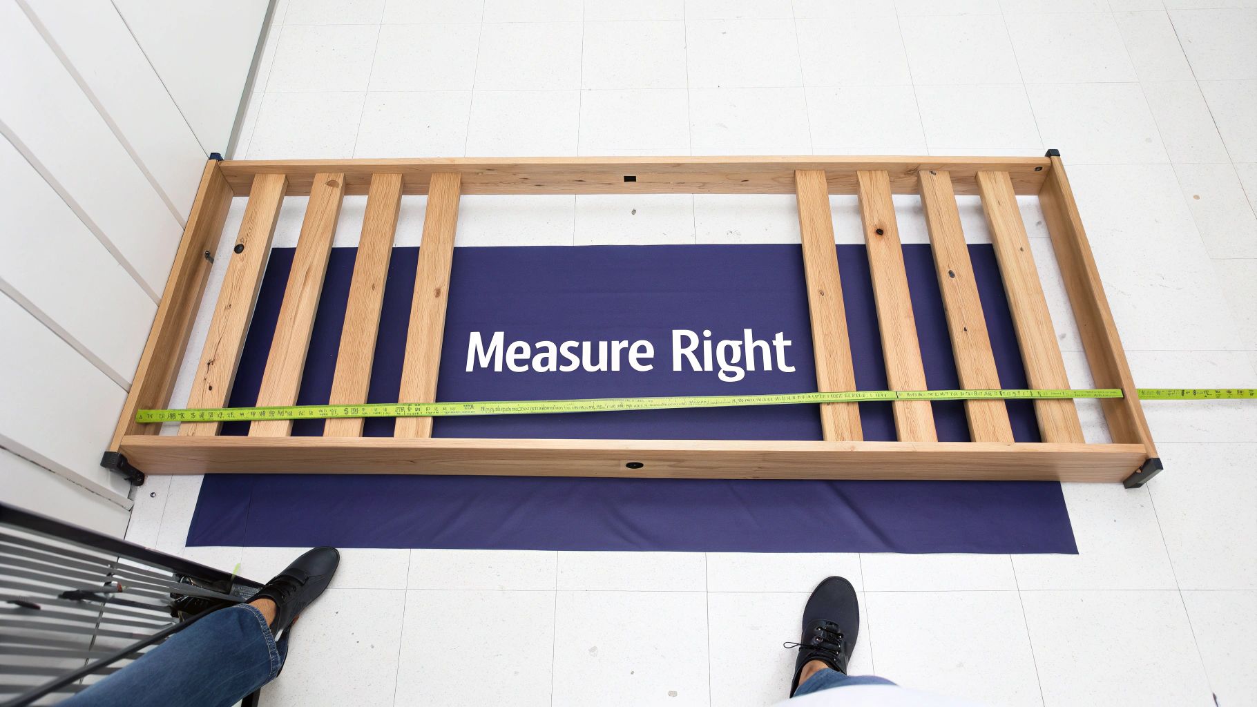 A wooden bed frame on a blue mat being measured with a yellow tape measure, with feet visible.