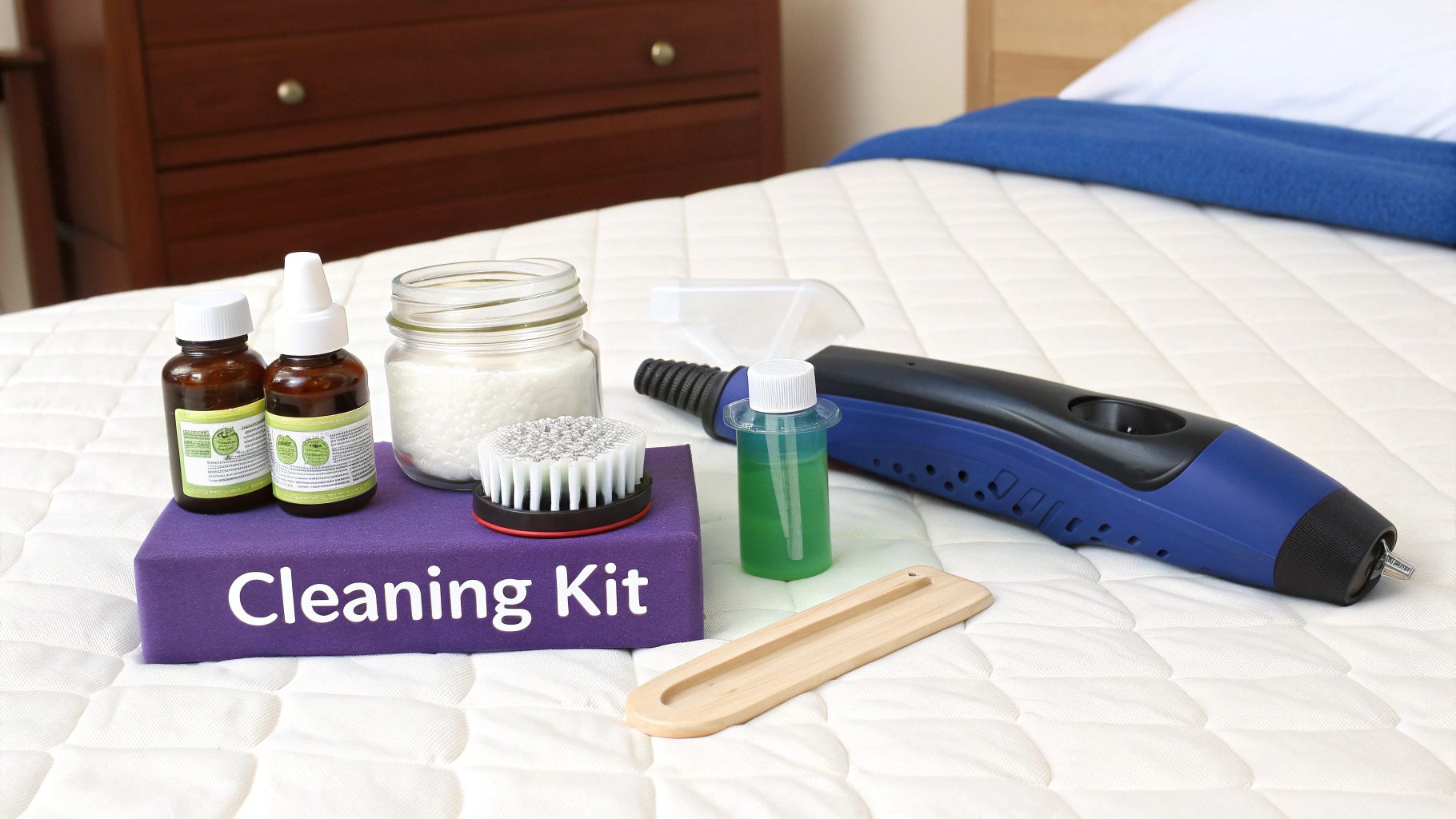 A collection of mattress cleaning products and tools, including bottles, powder, a brush, and a cleaning device.