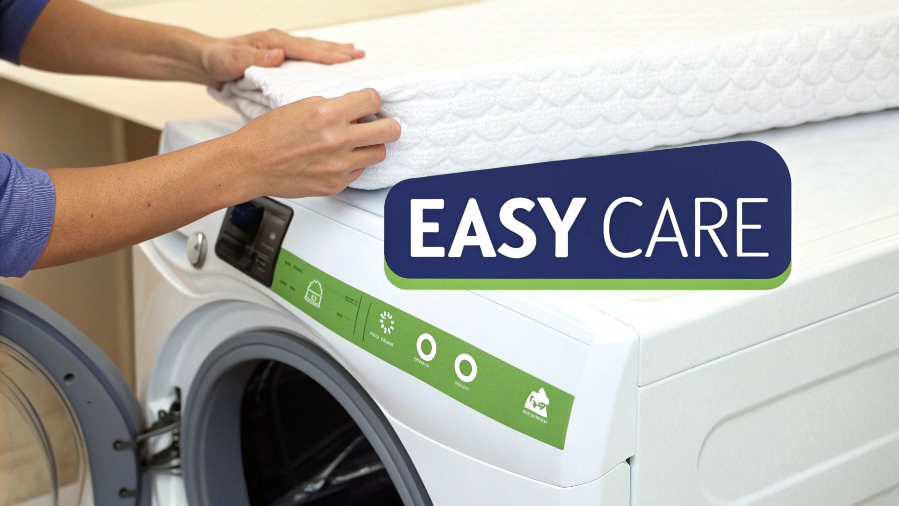 A person places a white, quilted mattress protector on a washing machine, highlighting 'EASY CARE'.