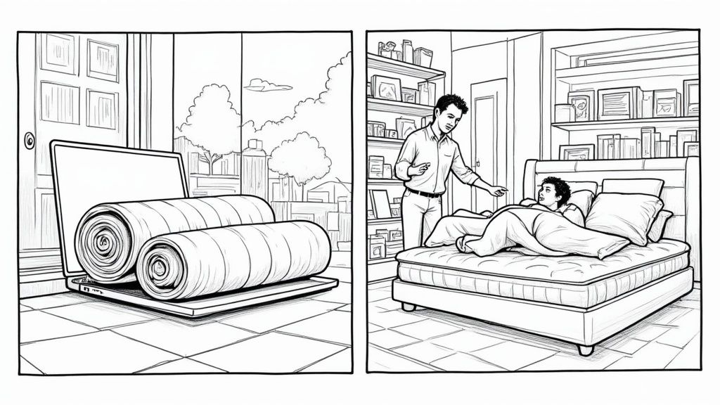 A person shopping for a mattress on a laptop from their couch.