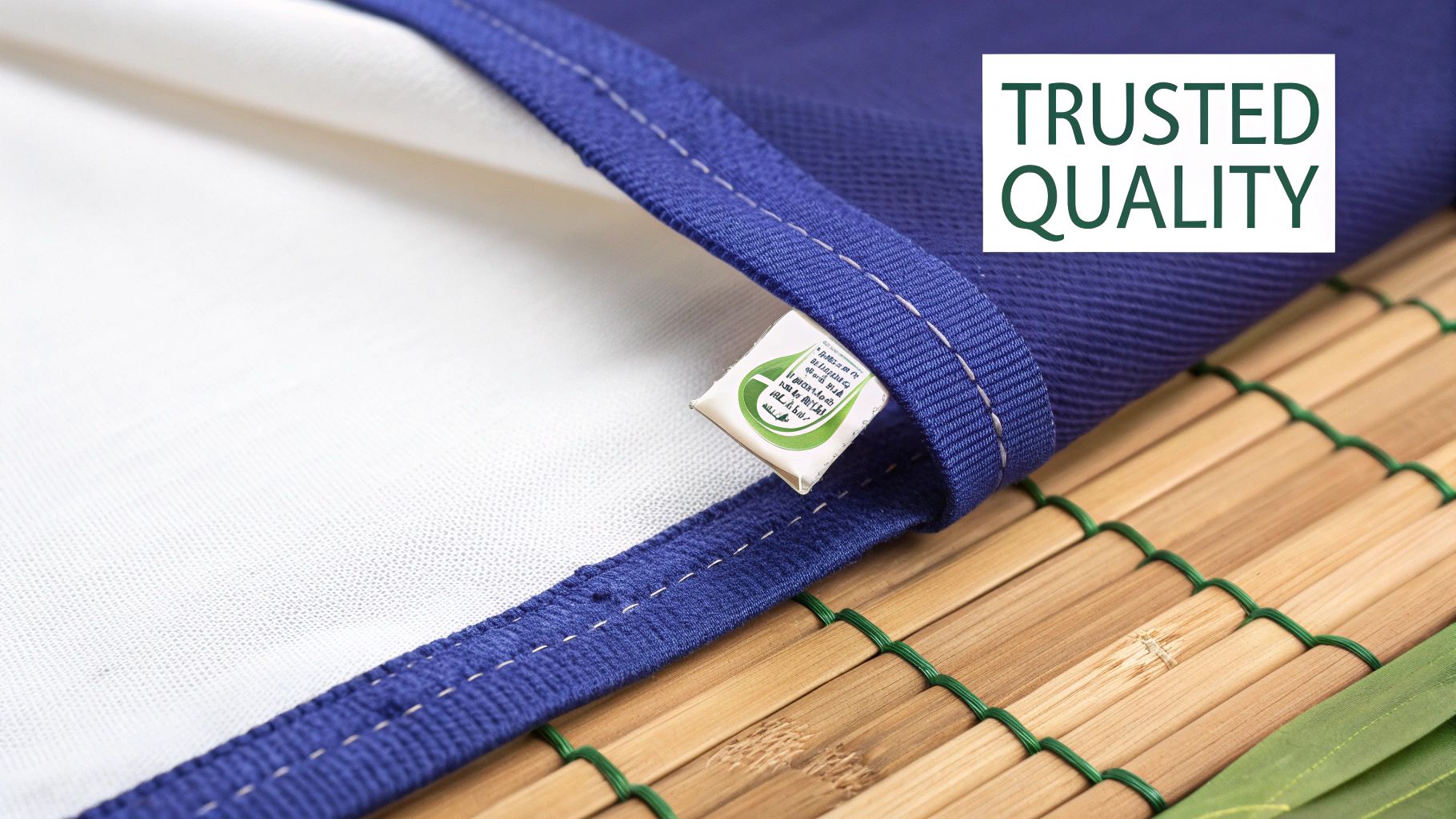 High quality bamboo bedding material with blue fabric edge and certification label showing trusted craftsmanship