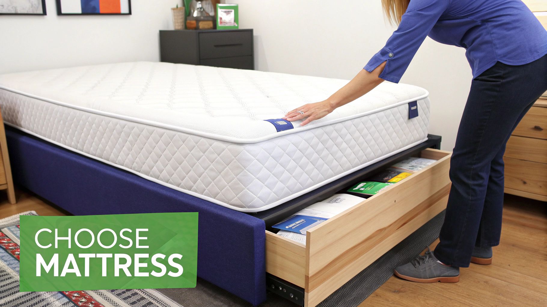 A woman touches a white mattress on a blue bed, revealing a pull-out storage drawer.