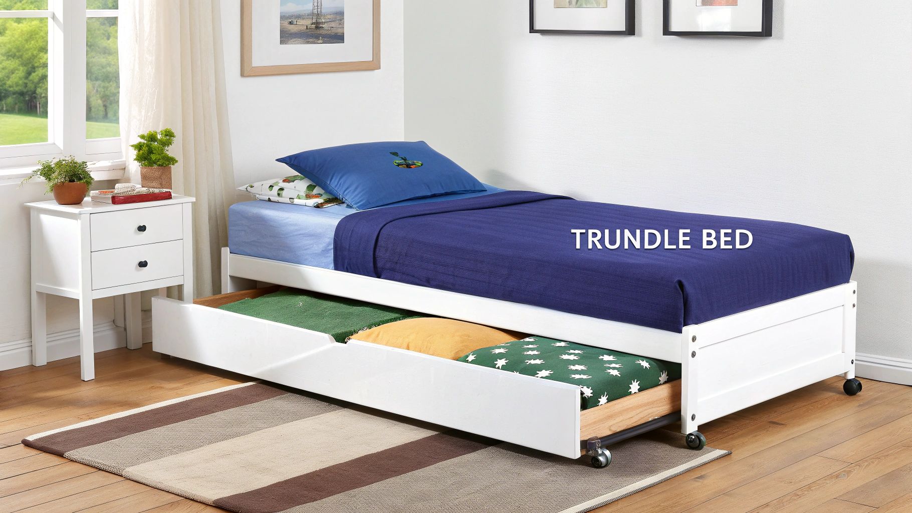 White trundle bed with blue bedding and a pull-out mattress in a bright, modern bedroom.