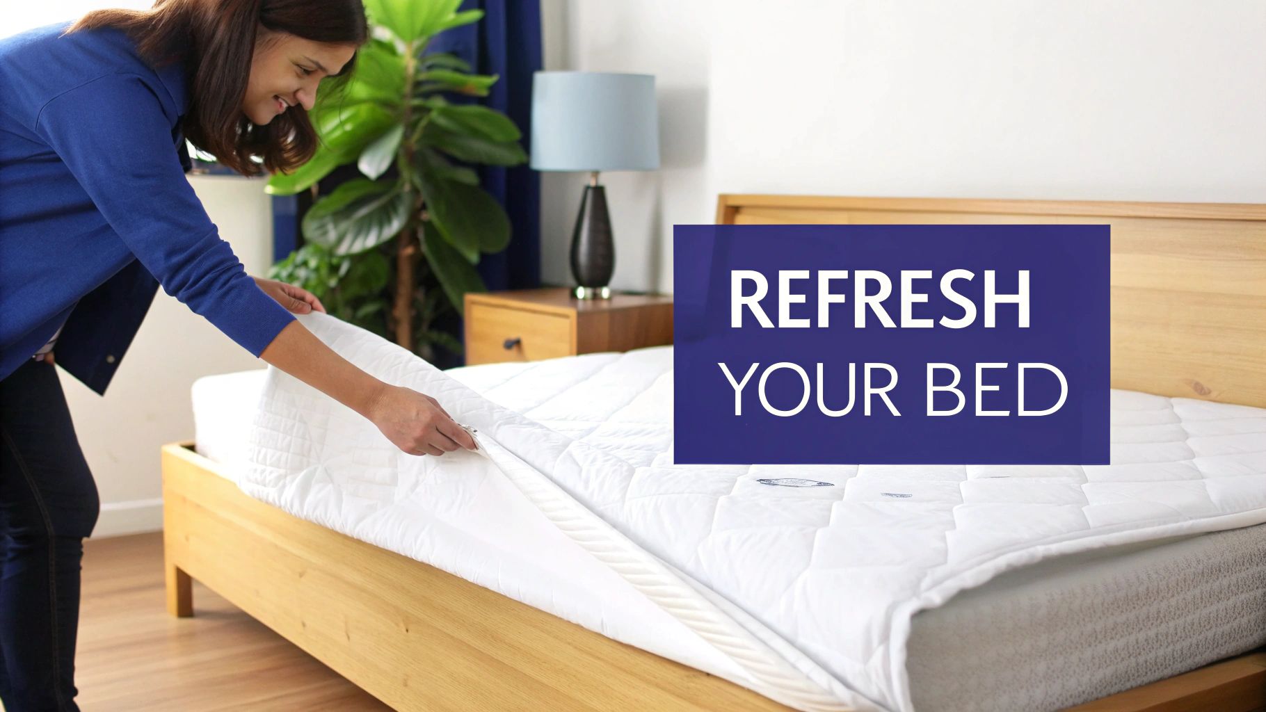 A smiling woman zips up a white quilted mattress topper on a wooden bed frame.