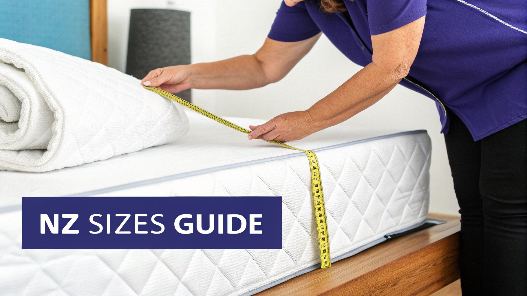 A person unboxing a new rolled-up memory foam mattress topper on their bed.