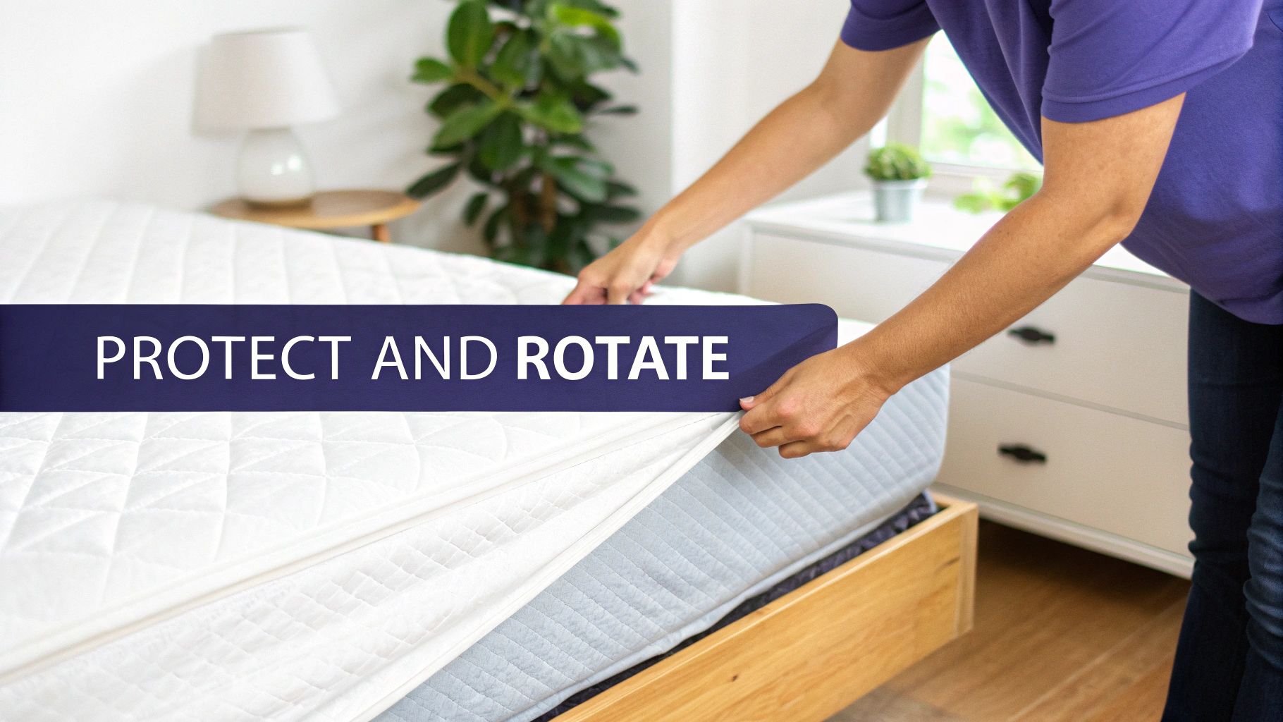 Hands adjust a white mattress protector on a bed, with a dark blue banner saying 'PROTECT AND ROTATE'.