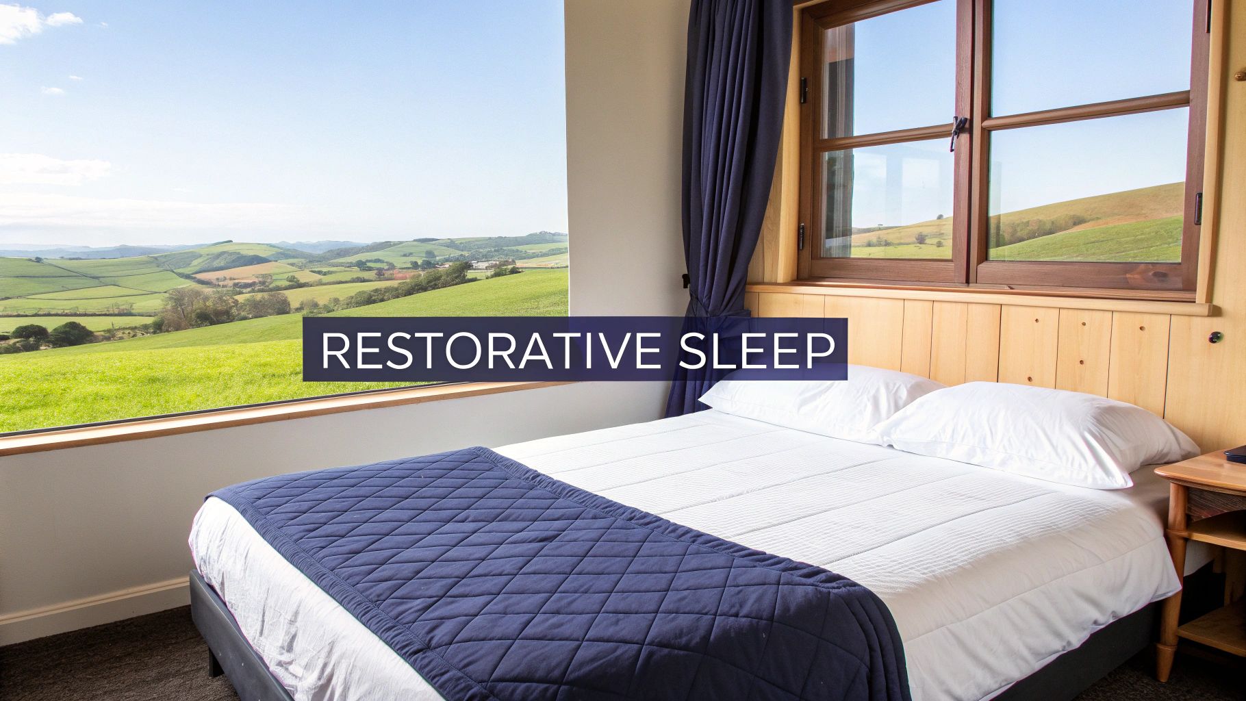 A cozy bedroom with a white bed, a blue throw, and a large window overlooking rolling green hills, promoting restorative sleep.