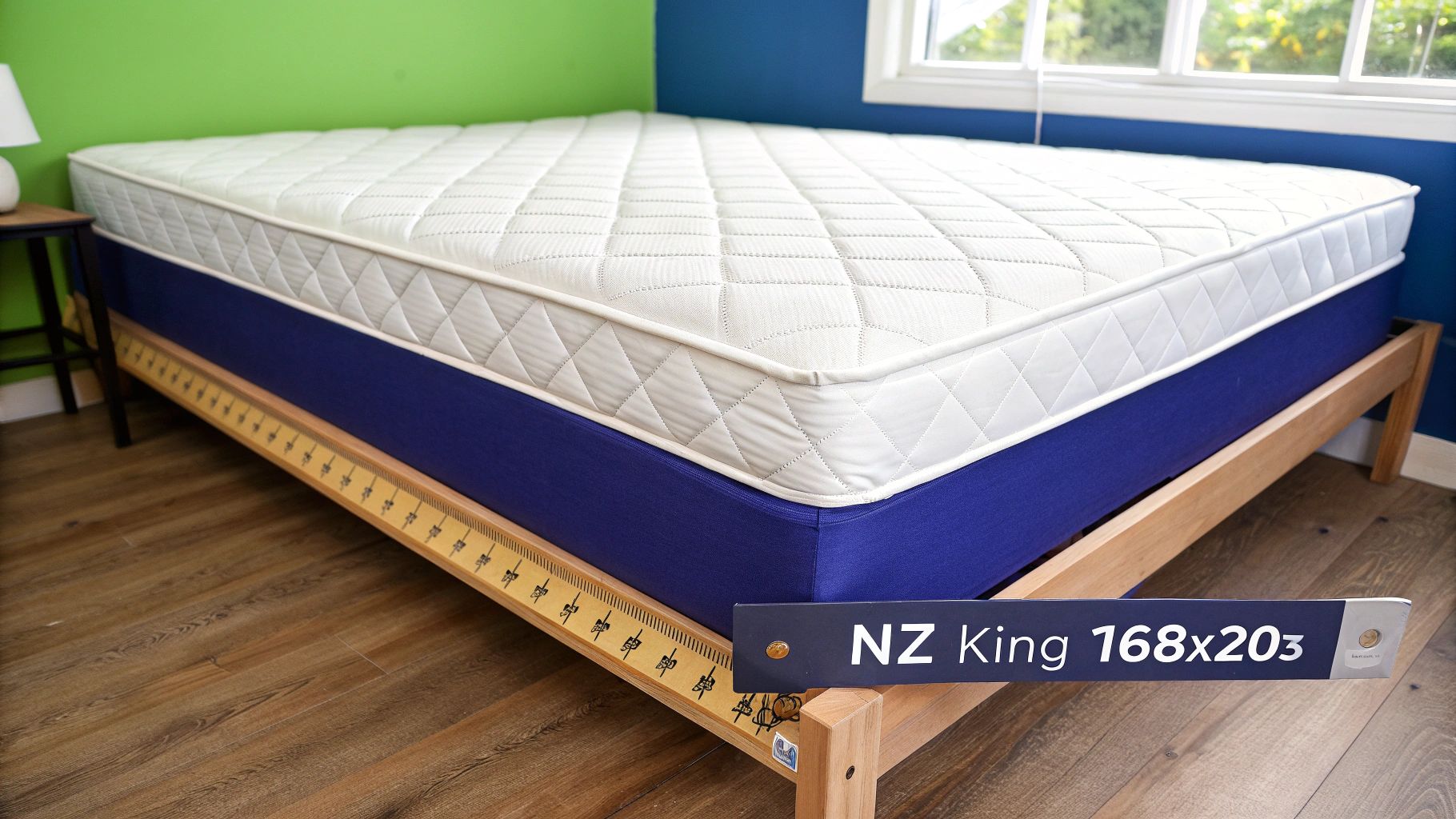 NZ King bed with a white quilted mattress and a blue base on a natural wood frame.