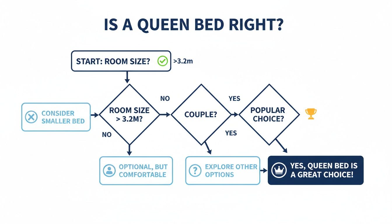 Decision tree illustrating if a queen bed is suitable considering room size, relationship status, and popularity.