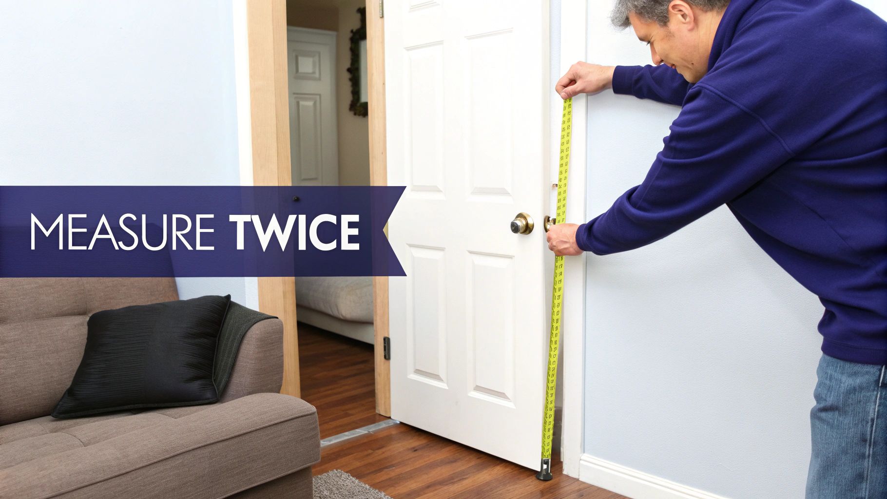A man accurately measures a white door frame with a yellow tape measure, emphasizing precision.