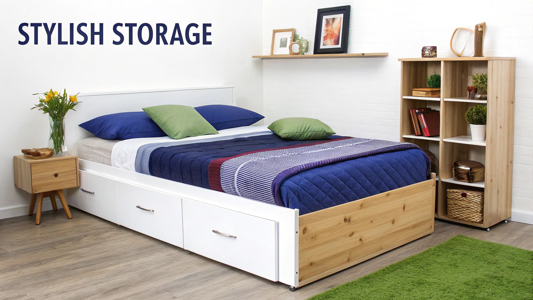 A stylish bedroom featuring a double bed with storage, perfectly integrated into the decor.