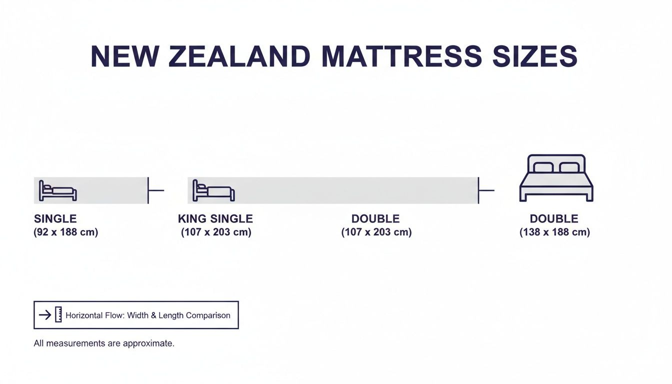 New Zealand mattress size chart displays dimensions for Single, King Single, and two Double beds.