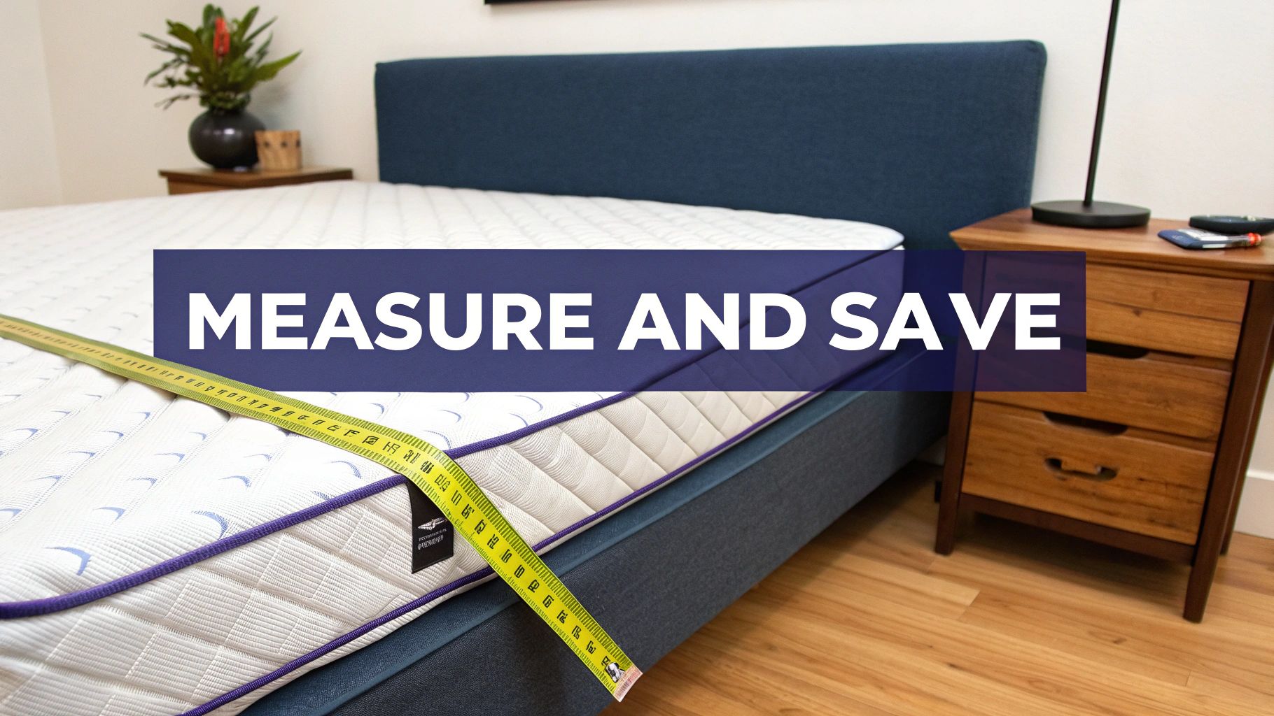 Woman measuring her bedroom space with tape measure