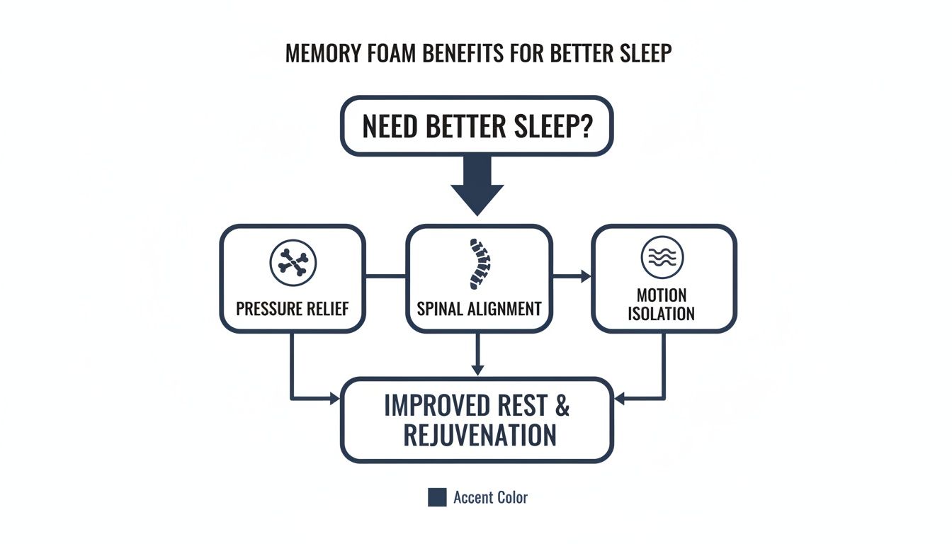 Flowchart illustrating memory foam benefits like pressure relief, spinal alignment, and motion isolation for improved sleep.