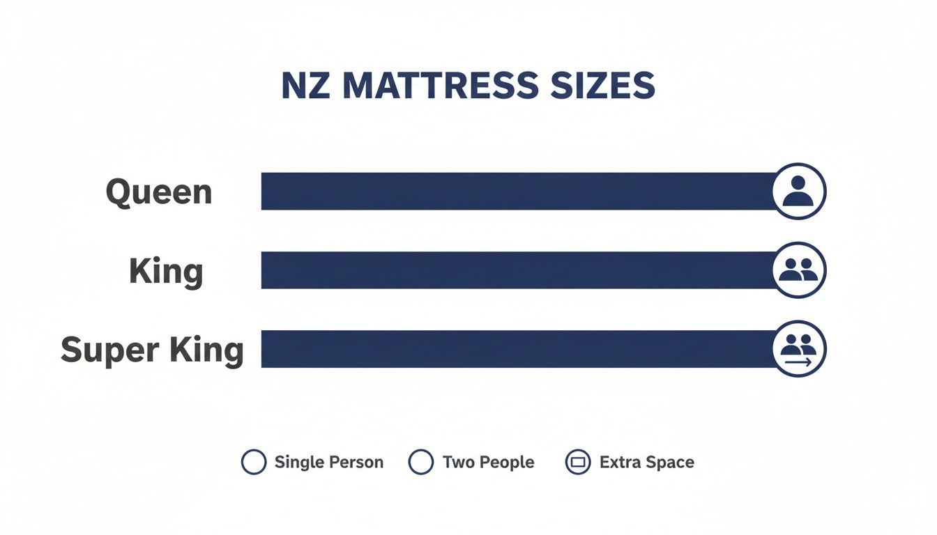 Infographic showing NZ mattress sizes: Queen for one person, King for two, and Super King for two with extra space.