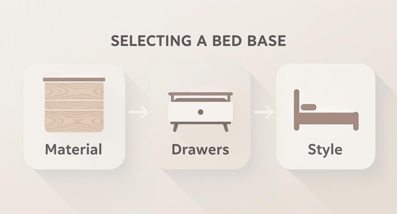 A flow chart illustrating the process of selecting a bed base, covering material, drawers, and style options.